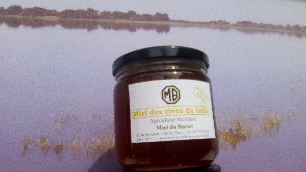 Miel des rives du Golfe. Les ruches se trouvent a une centaine de métres des rives du golfe du Morbihan. Un miel ambré foncé. 