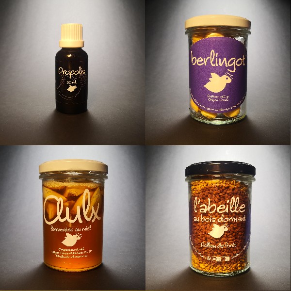 Propolis, berlingot, ail fermenté au miel, pollen frais congelé